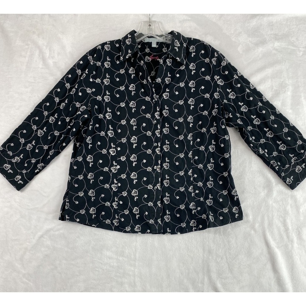 Foxcroft Button Up Shirt Sz 14 Black‎ Fitted Embroidered 3/4 Sleeve  Office